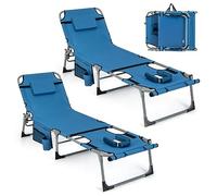 COSTWAY 1/2 Tumbonas Jardin Exterior, Tumbona Plegable con 5 Posiciones de Respaldo, Reposapiés Ajustable, Orificio, Almohada Extraíble, Tumbona Playa Piscina Jardin (2, Azul)