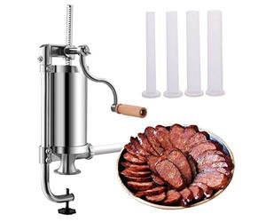 COSTWAY 1,5kg Embutidora de Chorizos, Embutidora Manual de Salchichas de Acero Inoxidable con Base Fija y 4 Tubos de Llenado, Máquina Casera para Embutir Salchichas para Hogar Fiesta