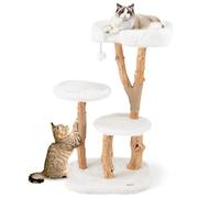 COSTWAY 110 cm Árbol para Gatos de Madera Maciza, Rascador para Gatos con 2 Plataformas de Salto, Postes Rascadores de Yute, Cama y Bola Colgante, Torre Rascador para Gato, Tejido de Peluche, Blanco