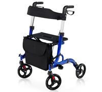 COSTWAY 2 en 1 Andador para Ancianos con Asiento, Andador Rodante Plegable con Ruedas de 20 cm, Aleación de Aluminio, Manijas Ajustables, Sistema de Doble Freno, Bolsa de Almacenamiento (Azul)