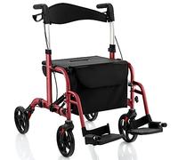 COSTWAY 2 en 1 Andador para Ancianos con Asiento, Andador Rollator Multiusos con Alturas Ajustables de 6 Niveles, Soporte para Bastón/Paraguas, Andador Plegable para Personas Mayores (rojo)