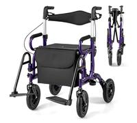 COSTWAY 2 en 1 Andador para Ancianos con Asiento, Taca Taca Adultos Plegable, Silla de Ruedas de Neumáticos, Altura Ajustable, Reposapiés abatibles, Estructura de Aluminio Ligera (violeta)