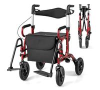 COSTWAY 2 en 1 Andador para Ancianos con Asiento, Taca Taca Adultos Plegable, Silla de Ruedas de Neumáticos, Altura Ajustable, Reposapiés abatibles, Estructura de Aluminio Ligera (rojo)