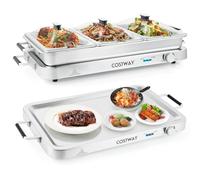COSTWAY 2 en 1 Bandeja Eléctrica con Control de Temperatura, 450 W Calentador de Alimentos con 3 Bandejas para Servir, Bandeja Portátil de Acero Inoxidable, 9 L Servidor de Buffet