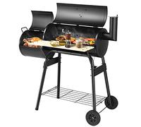 COSTWAY 2 en 1 Barbacoa Carbon, Parrilla de Carbón con 2 Estantes 2 Ruedas y Termómetro, Sistema de Ventilación y Chimenea, Barbacoas de Carbon y Leña