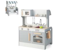 COSTWAY 2 en 1 Cocina de Juguete para Niños, Cocinita Infantil de Madera de Doble Cara con Grifo, Fregadero, Horno, Armario, Toallero, Gancho para Colgar, Cocinas Juguete Niñas (Gris)