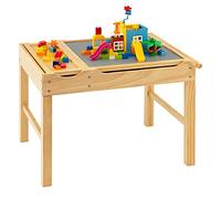 COSTWAY 2 en 1 Mesa de Actividades Infantil, Mesa de Juego de Madera para Niños con Tablero Reversible, Compartimentos de Almacenamiento, Portarrollos, Mesa de Bloqueos para Niños (Natural)
