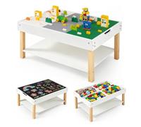 COSTWAY 2 en 1 Mesa Infantil con Encimera de Doble Cara y Estante Abierto | Pupitre Infantil con Pizarra, Base para Bloques de Construcción y Compartimento Oculto, Mesa de Juegos para Niños de 3+ Años