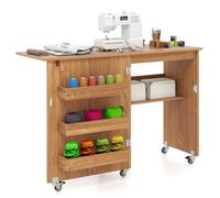 COSTWAY 2 en 1 Mesa Maquina de Coser Plegable, 116x40.5x78cm, Mueble Maquina Coser con 3 Compartimientos Ocultos y Estante, Escritorio Móvil con 5 Ruedas Bloqueables, Ahorro de Espacio (Natural)
