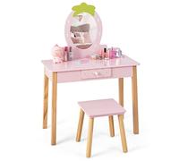 COSTWAY 2 en 1 Tocador de Maquillaje para Niñas con Taburete, Espejo en Forma de Fresa y Cajón, Set con Espejo y Silla de Madera