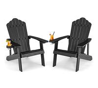 COSTWAY 2 Sillas Adirondack con Portavasos, Sillas para Hogueras, Resistente a la Intemperie, Grano de Madera Realista, Facíl de Montaje, Silla de Exterior para Patio, Jardín, Terraza (Negro,2)