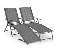 COSTWAY 2 Tumbona Jardin Exterior, Tumbona Plegable con Respaldo de 6 Posiciones, Reposapiés Ajustables, Tela de Asiento Transpirable, Tumbona Reclinable Playa Jardin Piscina, Carga 150 kg (Gris)