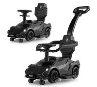 COSTWAY 3 en 1 Coche Correpasillos para Niños, Coche de Empuje Lamborghini, Coche de Paseo para Niños con Barandillas y Manillar Desmontables, Música, Faros y Ruedas Universales Desmontables (Negro)