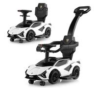 COSTWAY 3 en 1 Coche Correpasillos para Niños, Coche de Empuje Lamborghini, Coche de Paseo para Niños con Barandillas y Manillar Desmontables, Música, Faros y Ruedas Universales Desmontables (Blanco)
