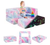 COSTWAY 3 en 1 Sillon Bebe de 2 Plazas, Sillón Infantil con Unicornio Rosa Que Brilla en la Oscuridad para Niños, Sofá Infantil con Funda de Franela Extraíble y Lavable para Habitación Infantil