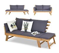 COSTWAY 3 en 1 Sofa Cama de Jardín, Banco de Jardín de 2 Plazas Convertible con 2 Almohadas y Cojin Extraible y Lavable, Reposabrazos Ajustables, Sofa Jardin de Madera Acacia para Patio, Máx 320 kg
