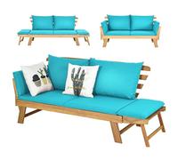 COSTWAY 3 en 1 Sofa Cama de Jardín, Banco de Jardín de 2 Plazas Convertible con 2 Almohadas y Cojin Extraible y Lavable, Reposabrazos Ajustables, Sofa Jardin de Madera Acacia para Patio, Máx 320 kg