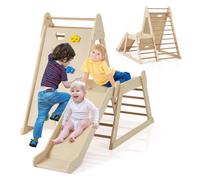COSTWAY 3 en 1 Triángulo de Escalada Montessori con Tobogán Extendido, Estructura de Escalada Interior para Niños, Escalada en Roca, Gimnasio de Madera Montessori para Niños de 3+ Años (Natural)