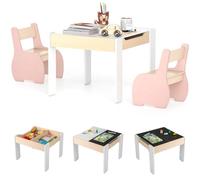 COSTWAY 4 en 1 Juego de Mesa y Silla Infantil, Mesa Infantil de Madera con 2 sillas, Manualidades, Dibujo, Lectura, Mesa Escritorio Infantilcon Almacenaje, Pizarra Desmontable para Guardería (Rosa)