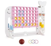 COSTWAY 4 en Raya Gigante, Juguete Eduactivo 4 en 1 con Baloncesto, Lanzamiento de Aros, Golf, Altura Ajustable, Forma de Ballena, Juego de Estrategia Multifuncional para 3+ Años (Rosa)