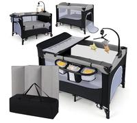 COSTWAY 5 en 1 Cuna de Viaje para Bebé con Colchón, Parque Infantil para Bebés con Cambiador de Pañales, Caja de Música y Juguetes Colgantes, Cuna Bebe con Bolsa de Almacenamiento (Gris Claro)
