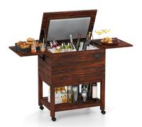 COSTWAY 51L Carrito Nevera con Ruedas, Enfriador de Madera para Patio, con 2 Estantes Plegables y Abrebotellas, Enfriador de Bebidas al Aire Libre para Fiesta, Jardín Trasero