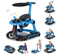 COSTWAY 7 en 1 Andador Bebes con Capota, Tacata Bebe Plegable con Altura y Velocidad Regulables con Modo Mecedora, Música, Luces y Diseño Antivuelco,Caminador para Bebe de 7-18 Meses (Negro y Azul)