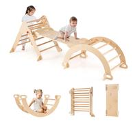 COSTWAY 7 en 1 Triángulo de Escalada de Madera para Niños, Juego de Escalada con Triángulo/Arco/Rampa para Deslizarse o Escalar, Set de Escalada Montessori para Niños 1+ Año, Natural (Ancho 69cm)