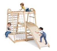 COSTWAY 8 en 1 Gimnasio Infantil, Juego de Escalada Montessori de Madera con Tobogán, Barra, Columpio, Escalera de Cuerda, Plataforma, Escalera y Red, Parque Interior Exterior para Niños (Natural)