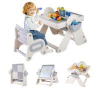 COSTWAY 9 en 1 Mesa y Silla Infantil Plegable, Mesa de Bloques de Construcción con Superficie Reversible, Almacenamiento, Mesa Infantil Ajustable en Altura para Pintar para 18+ Meses (Gris)