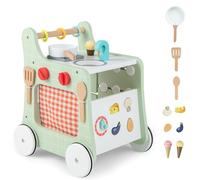 COSTWAY Andador Bebes de Madera 6 en 1, Carrito de Madera para Bebés, Centro de Actividades de Aprendizaje para Empujar y Jalar para Bebés con Cocina, Reloj, para Bebés de 12+ Meses (Verde)
