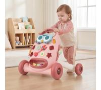 COSTWAY Andador Montessori para Bebés, Correpasillos Educativo con Reproductor Oval Removible y Clasificador de Formas, Maracas y Cuentas, Pájaro Deslizante y 2 Giradores (Rosa)