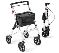 COSTWAY Andador para Ancianos con Bandeja, Caminador Anciano Ligero Plegable, Cesta de Almacenamiento, 4 Ruedas y Frenos, Andadores Estrechos con Altura Ajustable para Personas Mayores