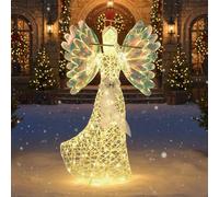 COSTWAY Ángel de Navidad Iluminado Grande, 158 cm, ángel Iridiscente, con 250 Luces LED de Color Blanco cálido, decoración navideña con halo y Flauta, decoración navideña para Exterior, Interior