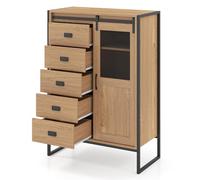 COSTWAY Aparador Auxiliar, Armario Buffet con Puerta Corredera, 5 Cajones y Estantes Ajustables, Mueble Auxiliar Organizador Rústico para Baño, Salón, Cocina, Dormitorio, 84 x 40 x 120 cm (Natural)