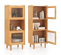 COSTWAY Aparador para Cocina de Bambú, Alacena Cocina con 3 Cubos, Compartmento Abierto, y 2 Puertas Acrílicas, Armario de Almacenamiento para Dormitorio y Salón, 9,5 x 40 x 130 cm