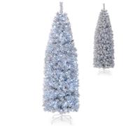 COSTWAY Árbol de Navidad Blanco y Negro 180cm, Arbol de Navidad Slim/Estrecho con Luces Incorporadas, 250 Luces Blancas Frías, 475 Ramas de PVC y Pet, Arvore de Natal Soporte de Metal Casa/Oficina