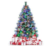 COSTWAY Arbol de Navidad con Luces Incorporadas 185cm, Agujas de Pino, 55 Conos de Piña y 55 Bayas Rojas, 340 Luces LED, 11Modos, 747 Puntas de PVC, Arvore de Natal w/Light