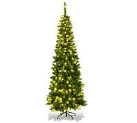 COSTWAY Arbol de Navidad Slim/Estrecho 225cm, 350 Luces LED Blanco Cálido, Agujas en PVC de 1085 Ramas, Arbol de Navidad con Luces Incorporadas, Arvore de Natal Hogar Fiesta Interior (225 cm)