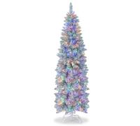 COSTWAY Árbol de Navidad Verde Blanco 180cm, Arbol de Navidad Slim/Estrecho con Luces Incorporadas, 250 Luces Coloridas, 475 Ramas de PVC y Pet, Arvore de Natal Soporte de Metal Casa/Oficina(180cm)