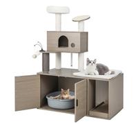 COSTWAY Árbol para Gatos con Caja de Arena, Torre para Gatos 2 En 1 con Perca Superior, Tabla para Rascar, Condominios para Gatos, Postes De Sisal, Plataforma, Rampa, Bolas Colgantes (1 Condominio)
