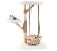 COSTWAY Árbol para Gatos con Hamaca Colgante, Torre Multinivel con Postes de Madera de Pera y Rascadores de Yute, 2 Plataformas, Ideal para Gatos, Natural + Blanco, 70 x 50 x 123 cm