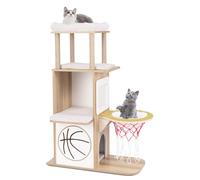 COSTWAY Árbol para Gatos de Madera, Torre de Gato Temática Deportiva de 120 CM con Condominio de 2 Pisos, 2 Perchas, Hamaca con Aro de Baloncesto,