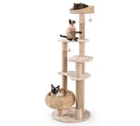 COSTWAY Árbol para Gatos, Torre de Totora de 164 CM con Postes de Rascado de Yute, Percha, Cama de Cesta, Bolas, Cojines Lavables, Centro de