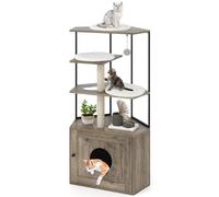 COSTWAY Árbol Rascador con Arenero para Gatos, Mueble para Gatos con 2 Postes Rascadores, 3 Alfombras, Agujero, Marco Metálico, Bola Colgante, Casa para Gatitos de Madera, 80 x 48 x 145 cm, Marrón