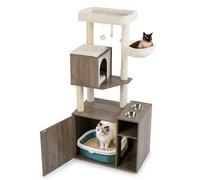 COSTWAY Árbol Rascador con Caja de Arena para Gatos, Mueble Arenero Gatos con Poste y Alfombrilla Rascadora de Sisal, Pelota, Baño Oculto, 2 Comederos, Caja de Arena Oculta Gato (Gris + Blanco)