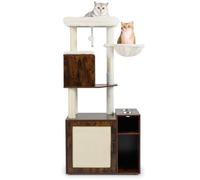 COSTWAY Árbol Rascador con Caja de Arena para Gatos, Mueble Arenero Gatos con Poste y Alfombrilla Rascadora de Sisal, Pelota, Baño Oculto, 2 Comederos, Caja de Arena Oculta Gato (Marrón + Blanco)