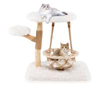 COSTWAY Árbol Rascador para Gatos Moderno, Marco de Madera Peral, 66 cm Torre para Gatitos con Cuna Colgante, Arbol Gatos con Plataforma Acolchada,