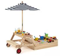 COSTWAY Arenero de Madera Infantil 3 en 1, Caja de Arena con Sombrilla Ajustable, Mesa de Picinic, Bancos, 2 Compartimentos Ocultos, Ruedas, Conjunto de Juego para Exterior para Niños de 3 a 5 Años