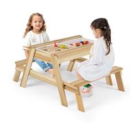 COSTWAY Arenero Infantil, Juego 4 en 1 con Mesa y Bancos de Madera con Tapa Extraíble y 2 Cajas de Almacenaje, Mesita de Actividades de Arena y Agua, Mobiliario de Exterior para Jardín, Patio